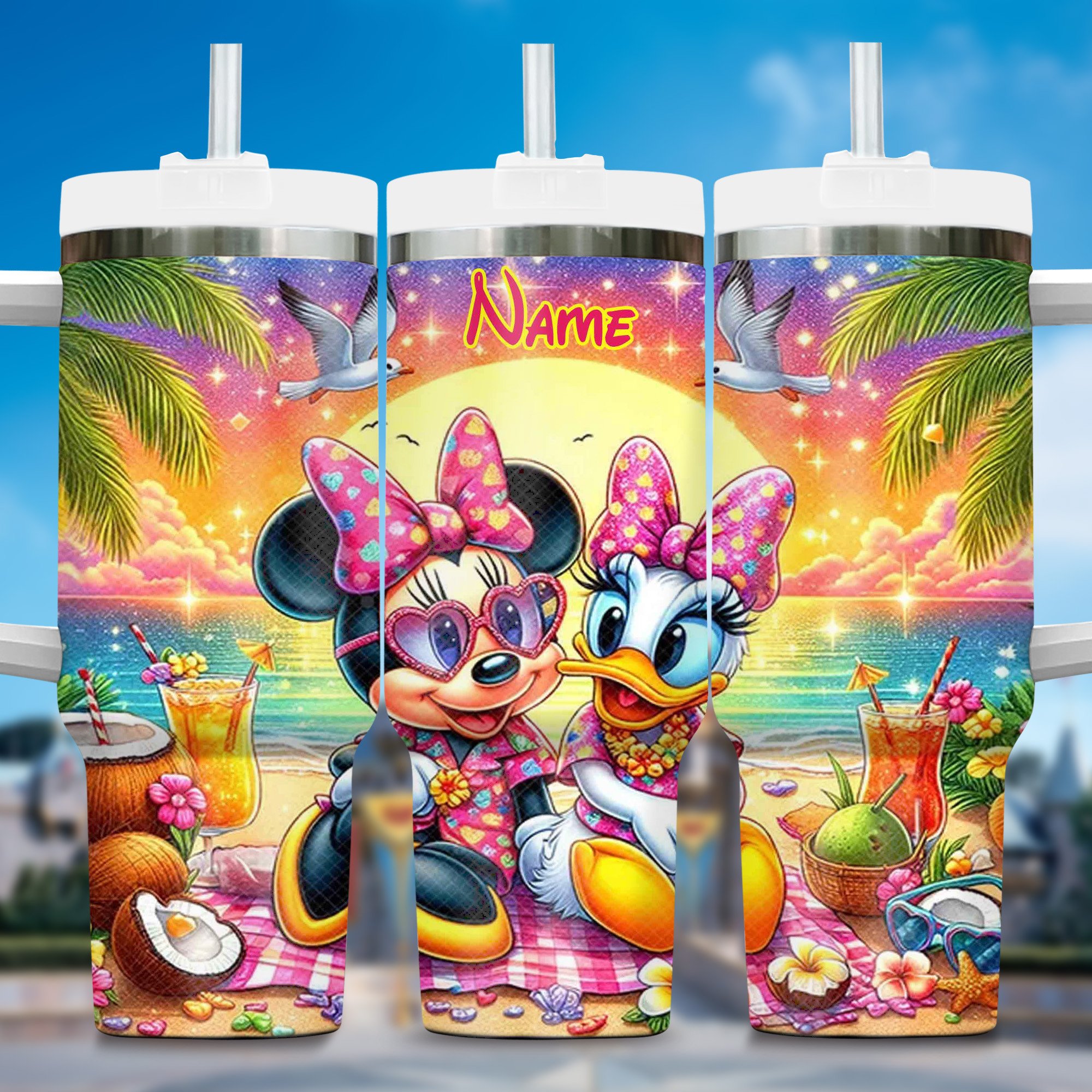 Bestie Summer Beach Cartoon Custom Stanley Quencher 40oz Stainless Steel Tumbler With Handle
