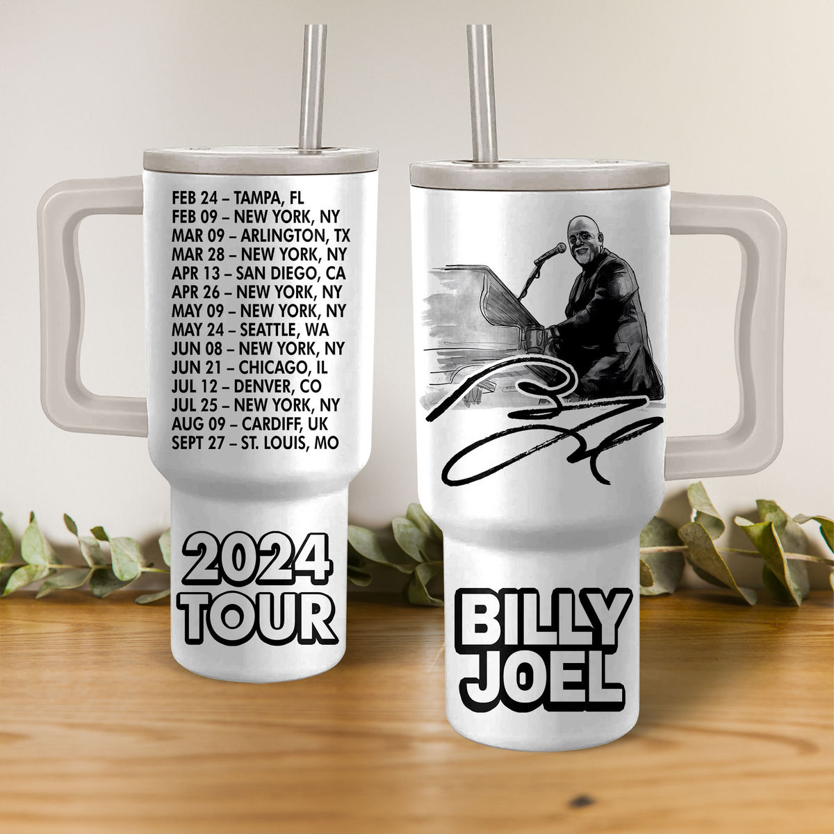 Billy Joel 2024 Tour Music Custom Stanley Quencher 40oz Stainless Steel Tumbler With Handle