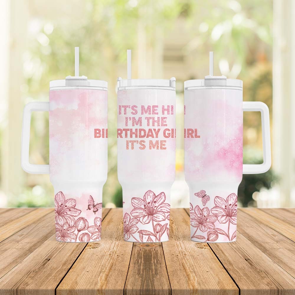 Birthday Girl Glitter Floral Custom Stanley Quencher 40oz Stainless Steel Tumbler With Handle