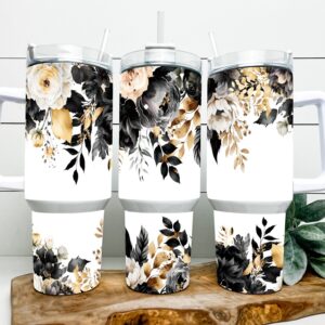 Black and Gold Floral Custom Stanley Quencher 40oz Stainless Steel Tumbler With Handle