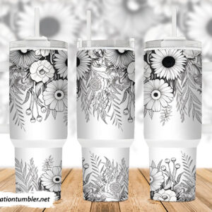 Black And White Flowers Custom Stanley Quencher 40oz Stainless Steel Tumbler With Handle