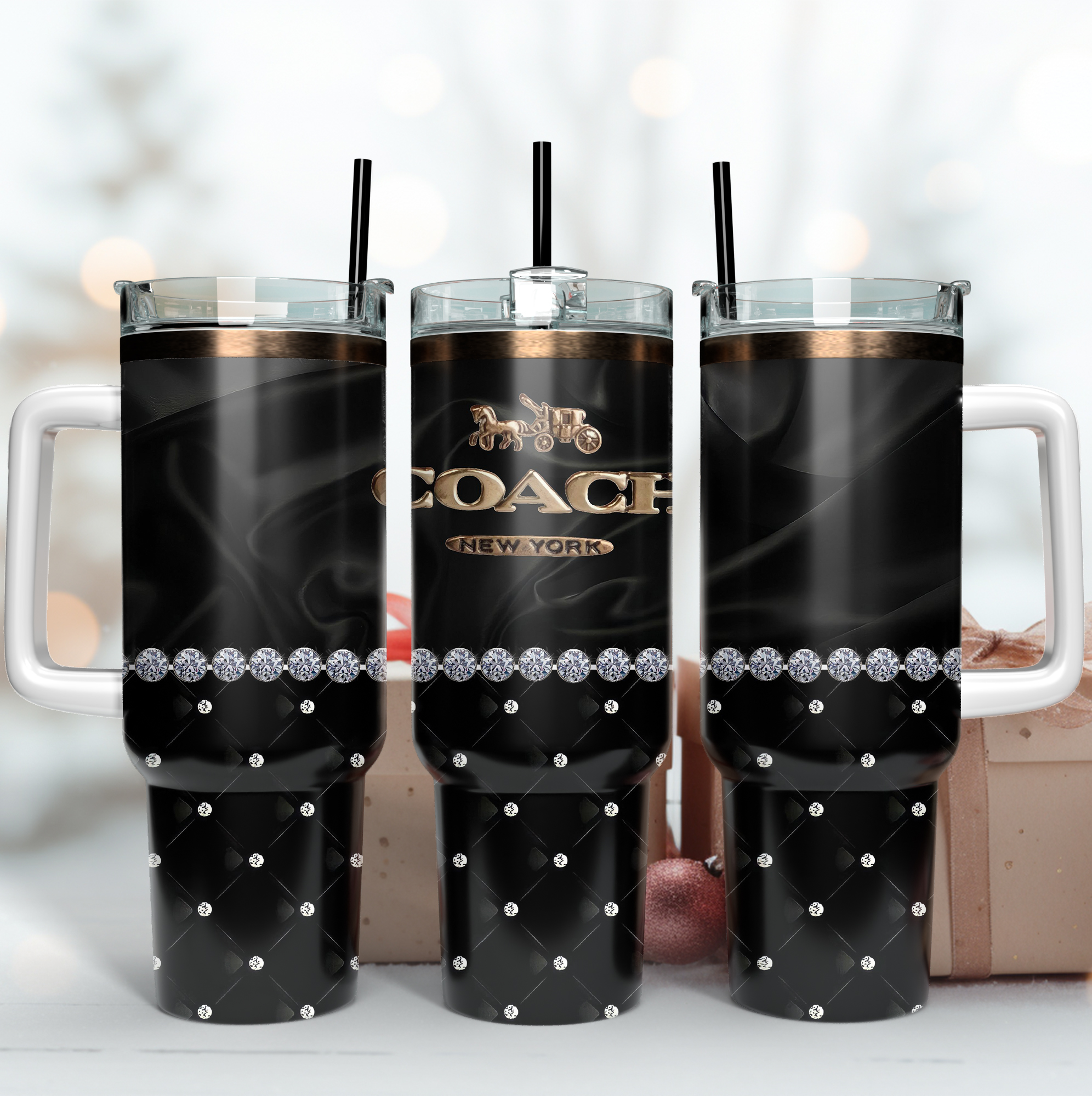 Black Bling Coach Logo Custom Stanley Quencher 40oz Stainless Steel Tumbler With Handle