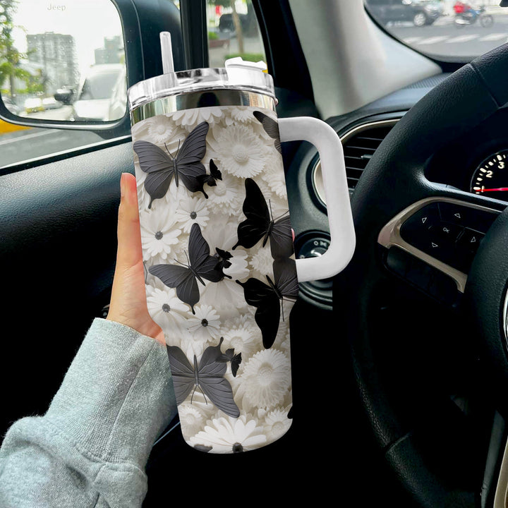 Black Butterfly Floral Custom Stanley Quencher 40oz Stainless Steel Tumbler With Handle