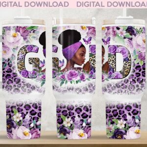Black Girl Purple Flower Leopard Print Custom Stanley Quencher 40oz Stainless Steel Tumbler With Handle