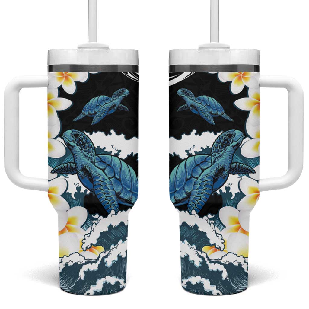 Black Polynesia Polynesian Frangipani With Sea Turtles Custom Stanley Quencher 40oz Stainless Steel Tumbler With Handle