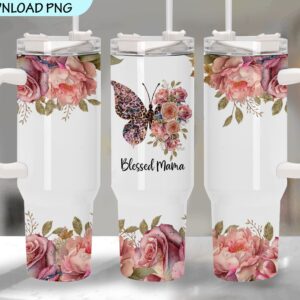 Blessed Mama Floral Butterfly Custom Stanley Quencher 40oz Stainless Steel Tumbler With Handle
