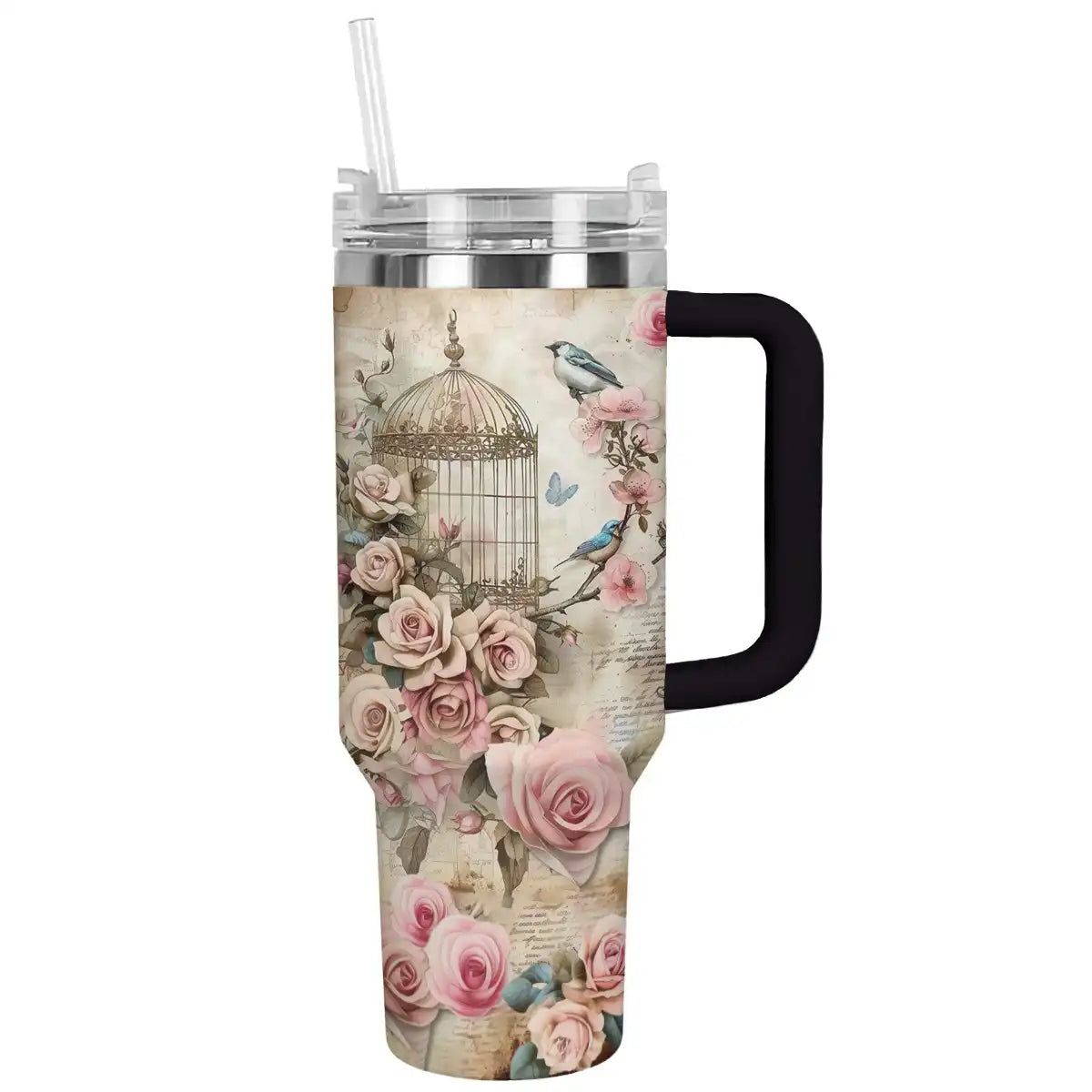 Blossom Birdcage Custom Stanley Quencher 40oz Stainless Steel Tumbler With Handle