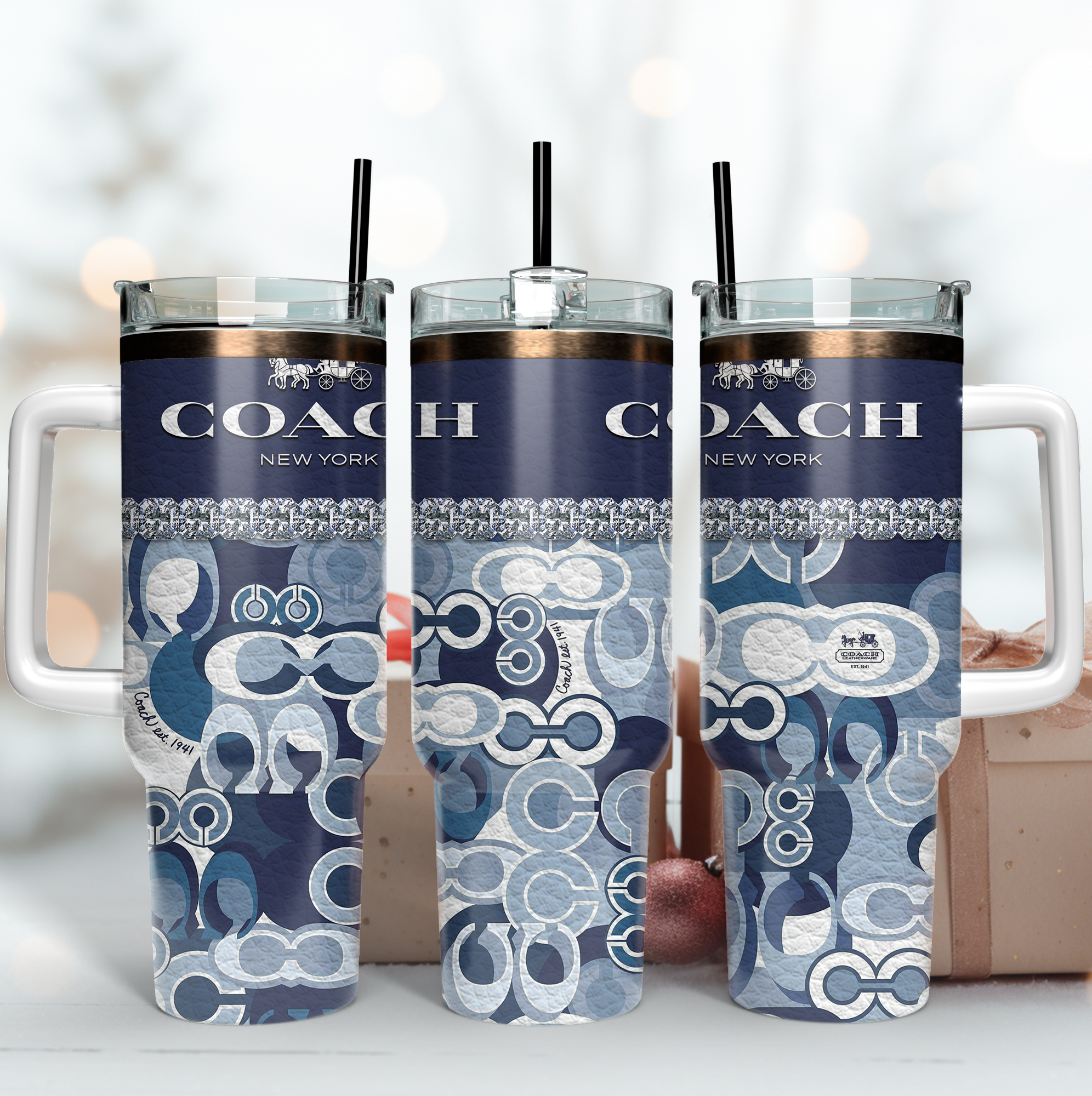 Blue Coach Logo Custom Stanley Quencher 40oz Stainless Steel Tumbler With Handle