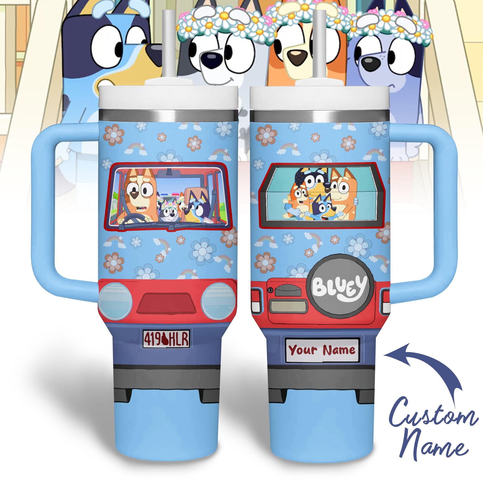 Bluey Cartoon Custom Stanley Quencher 40oz Stainless Steel Tumbler With Handle