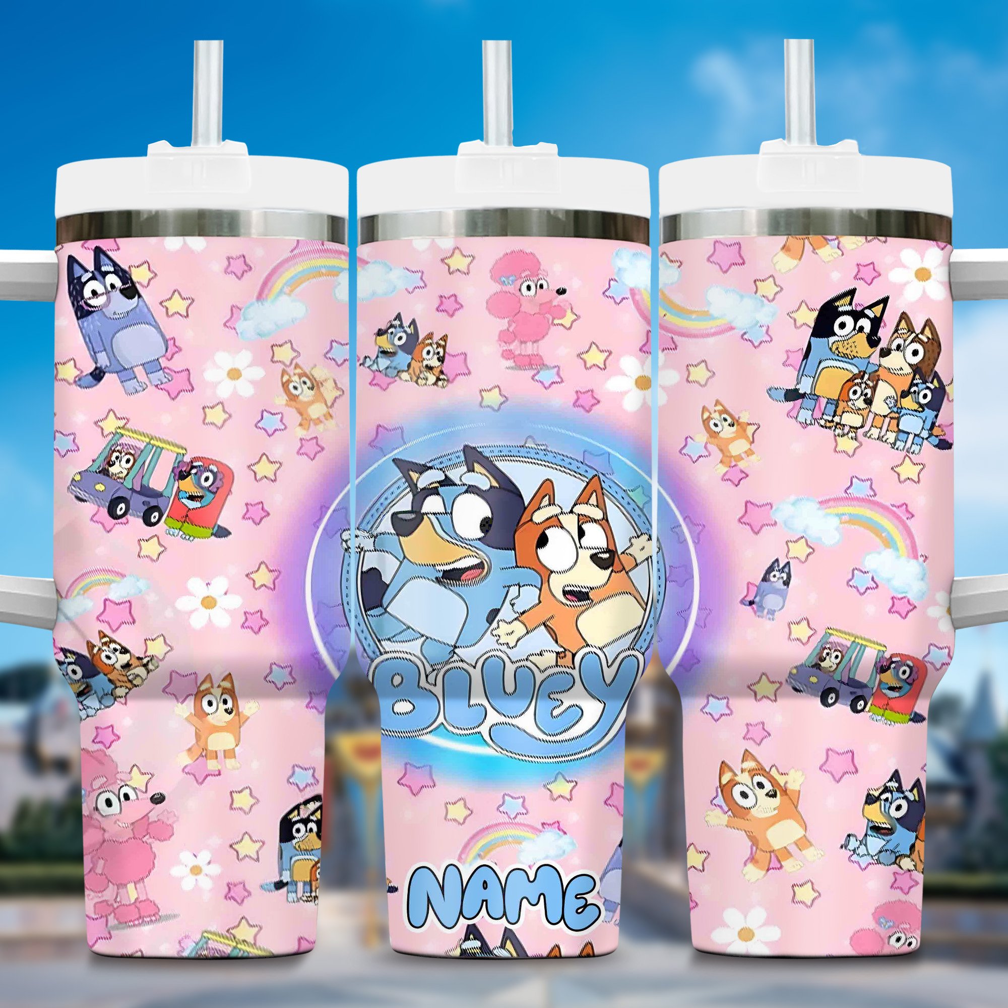Bluey Cartoon Custom Stanley Quencher 40oz Stainless Steel Tumbler With Handle