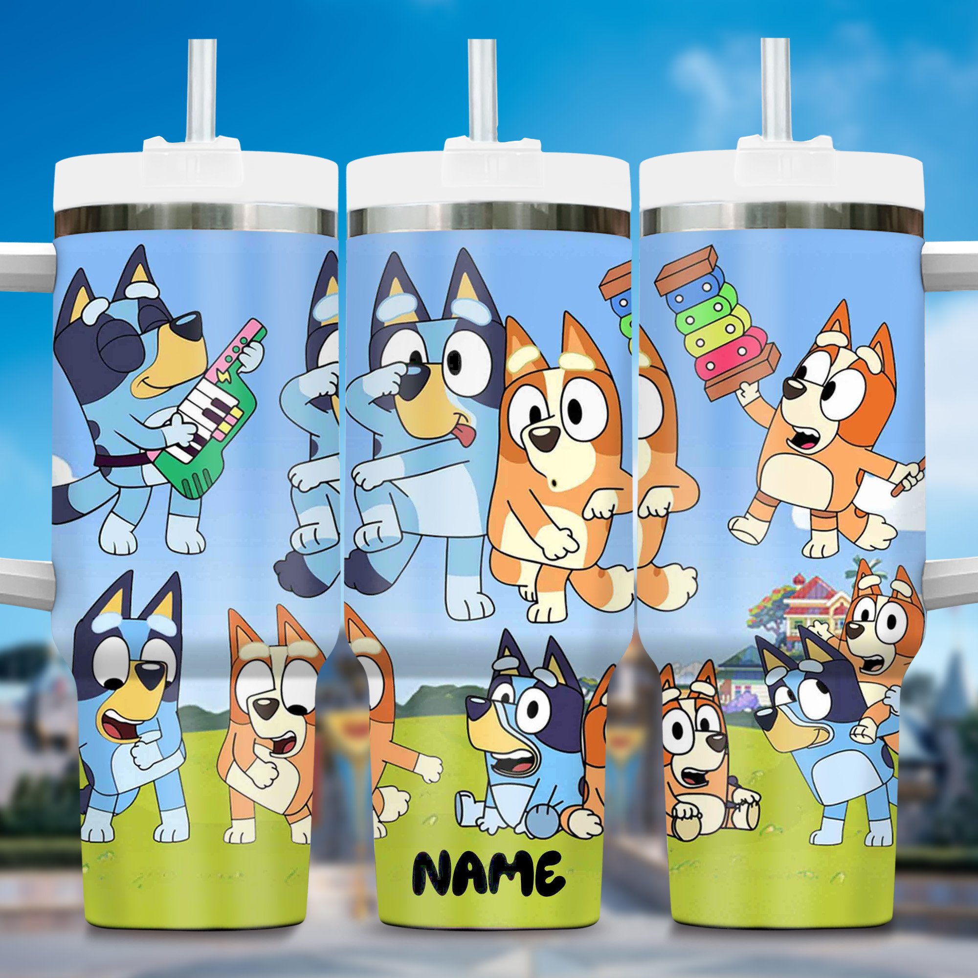 Bluey Cartoon Custom Stanley Quencher 40oz Stainless Steel Tumbler With Handle