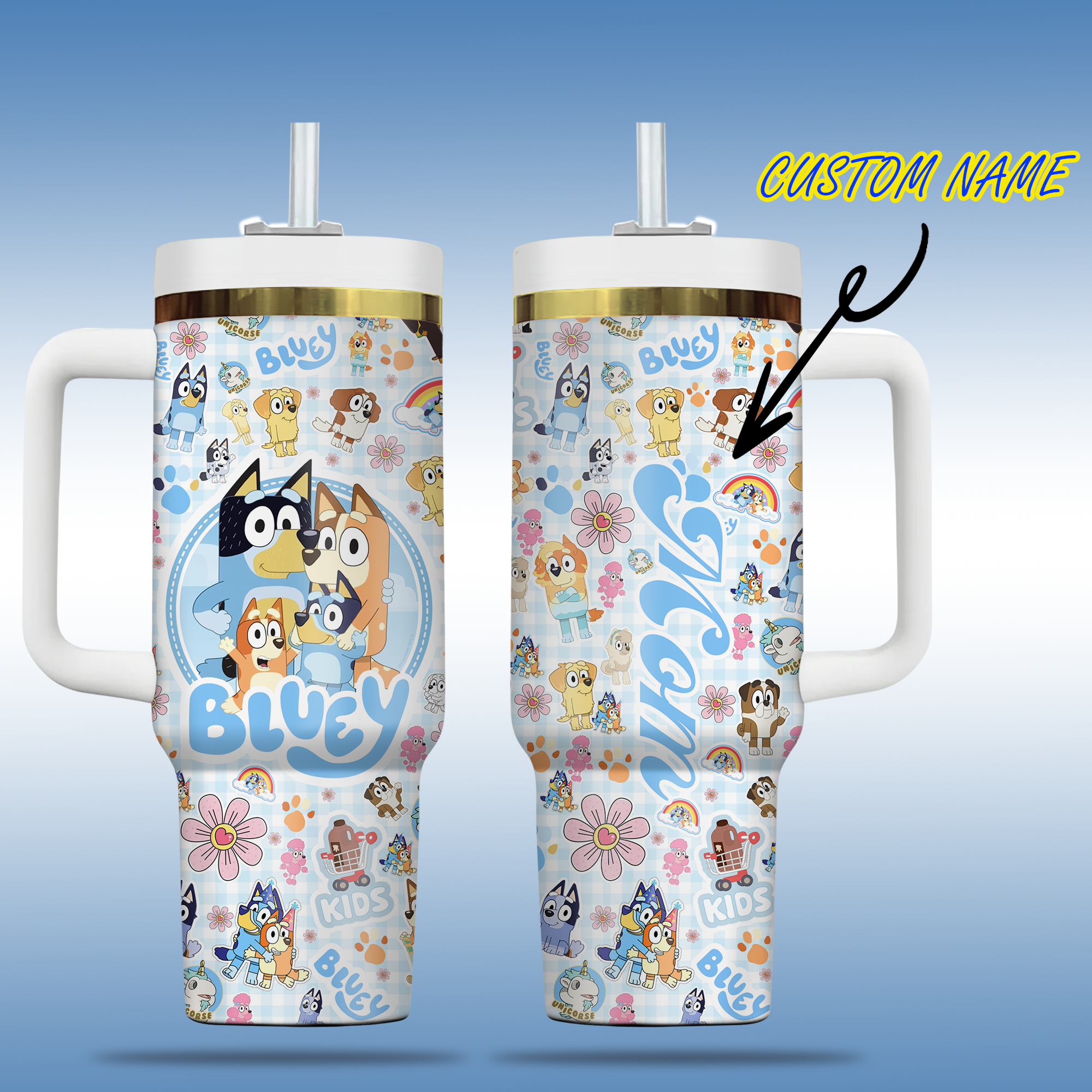 Bluey Cartoon Custom Stanley Quencher 40oz Stainless Steel Tumbler With Handle