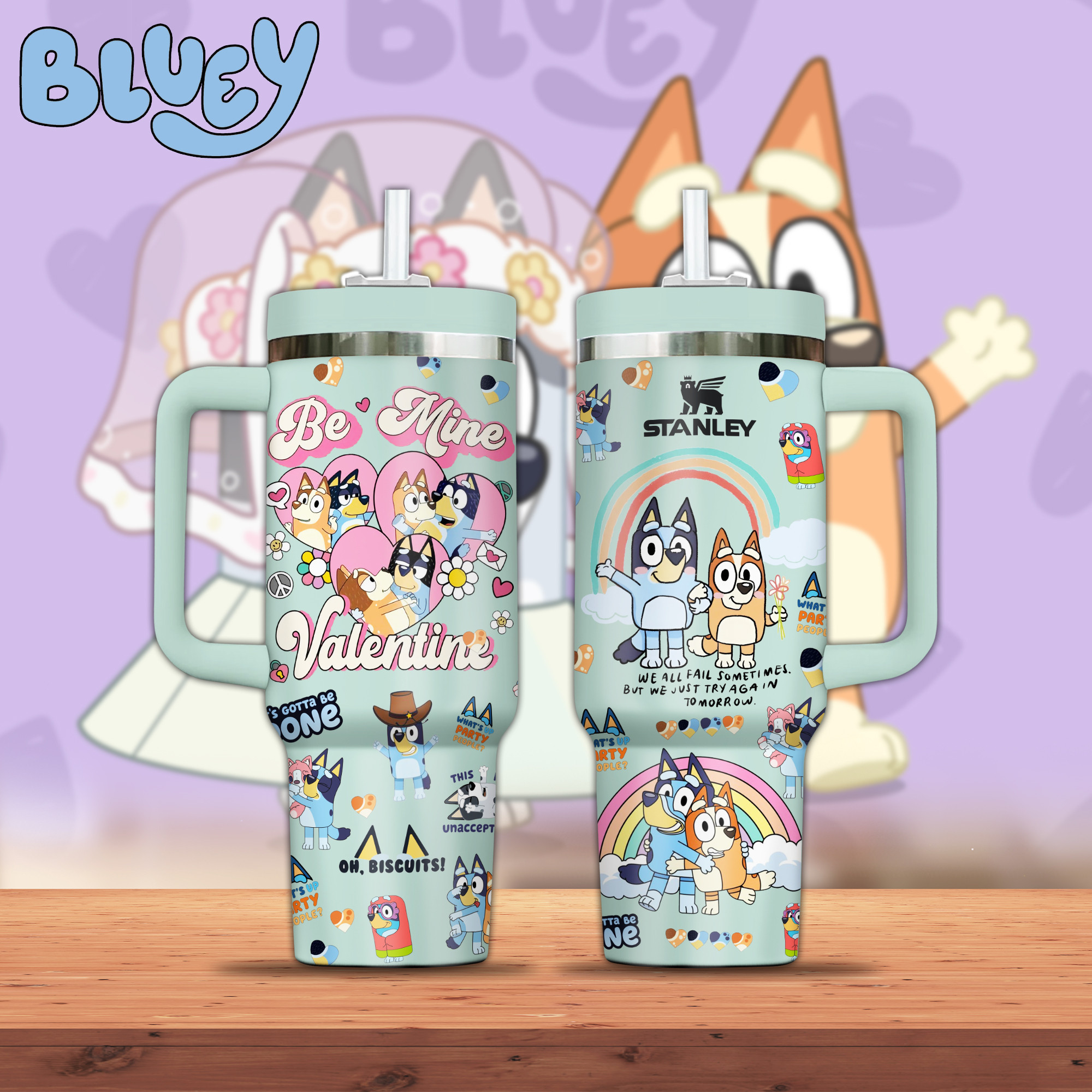 Bluey Cartoon Valentine Custom Stanley Quencher 40oz Stainless Steel Tumbler With Handle