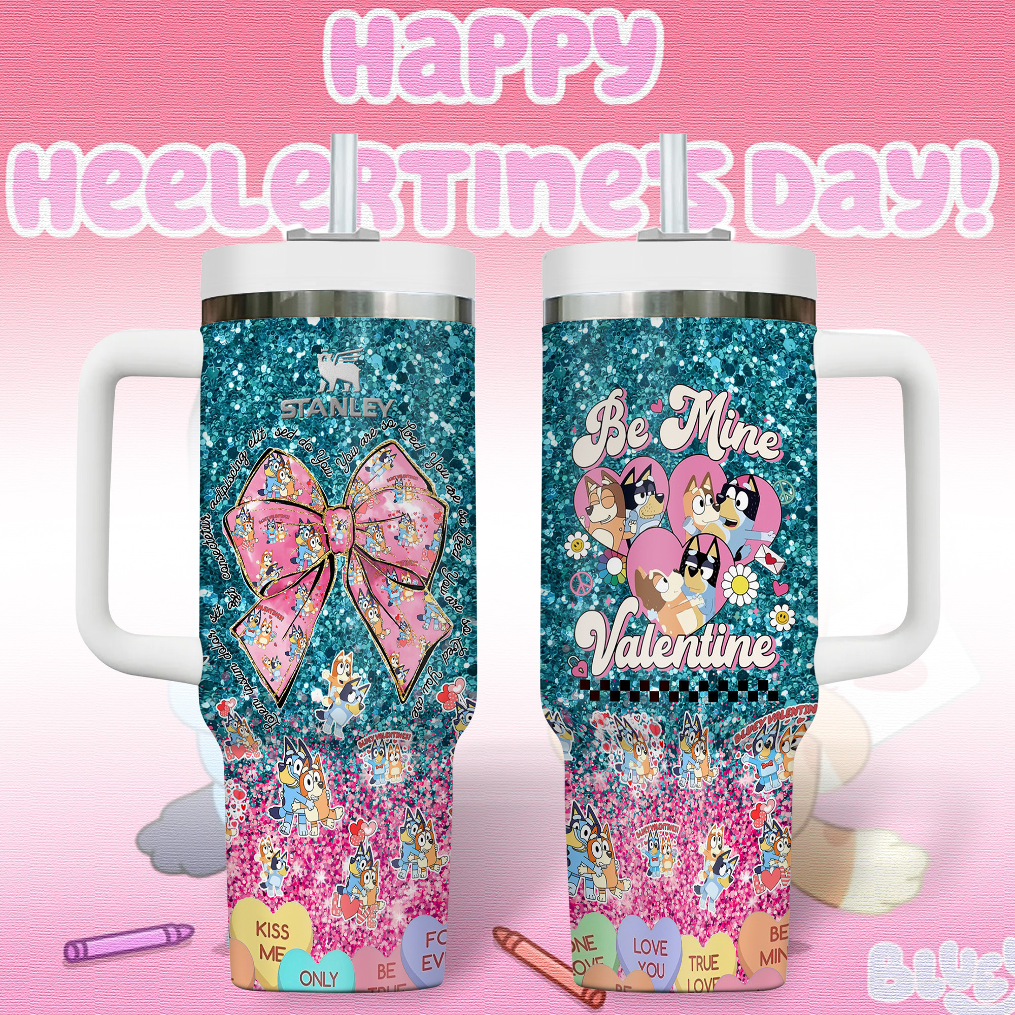 Bluey Cartoon Valentine Custom Stanley Quencher 40oz Stainless Steel Tumbler With Handle