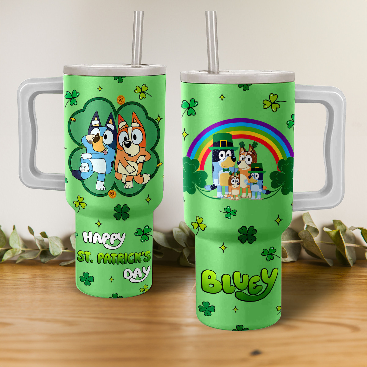 Bluey St. Patrick's Day Cartoon Custom Stanley Quencher 40oz Stainless Steel Tumbler With Handle