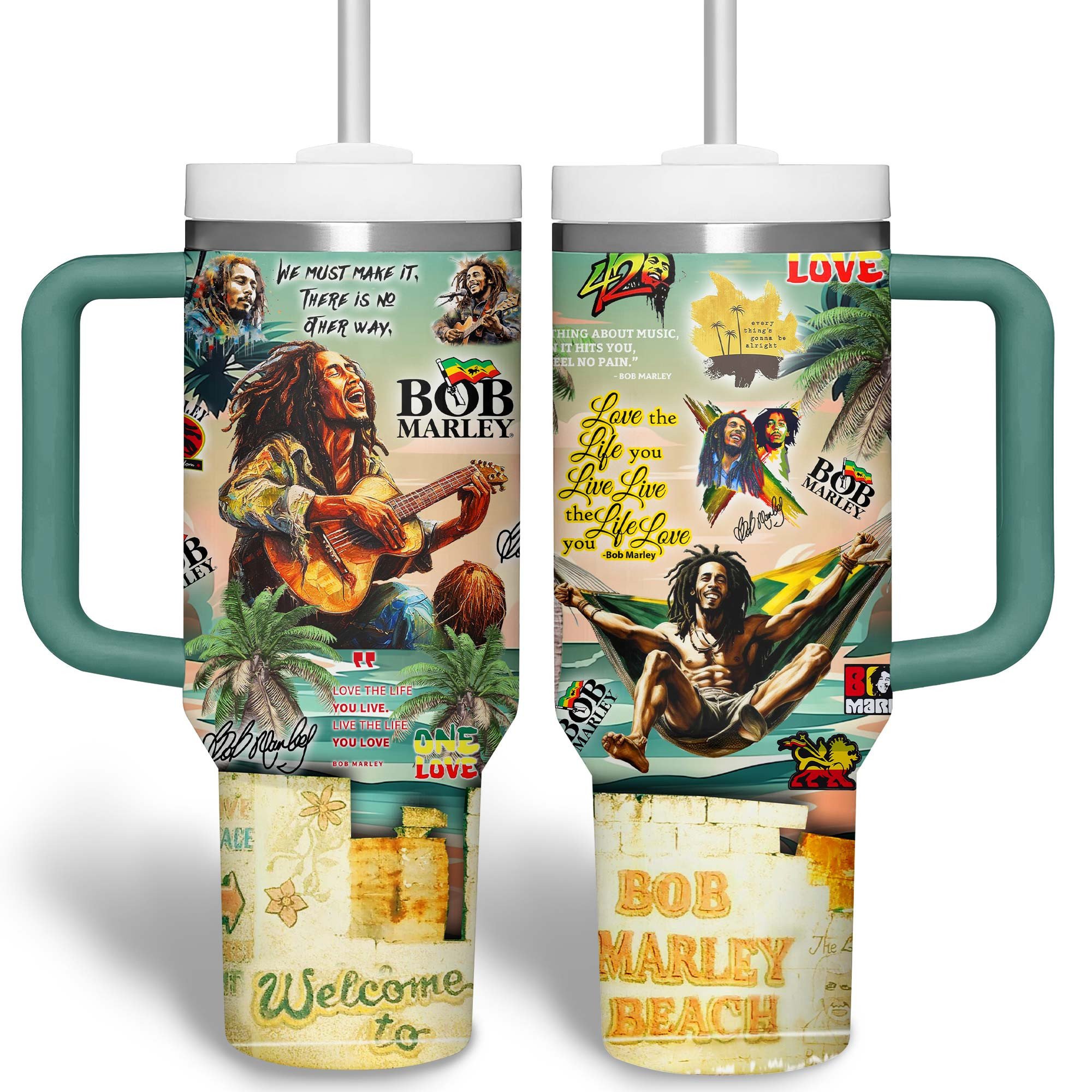 Bob Marley Music Custom Stanley Quencher 40oz Stainless Steel Tumbler With Handle