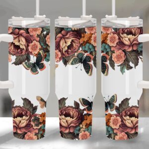 Boho Floral and Butterfly Custom Stanley Quencher 40oz Stainless Steel Tumbler With Handle