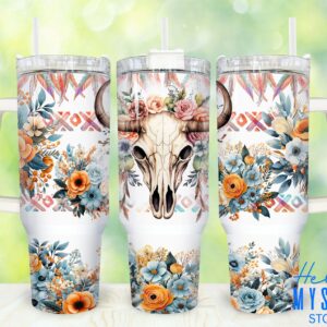 Boho Floral Bull Skull Custom Stanley Quencher 40oz Stainless Steel Tumbler With Handle