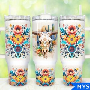 Boho Floral Bull Skull Custom Stanley Quencher 40oz Stainless Steel Tumbler With Handle