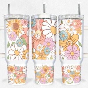 Boho Floral Custom Stanley Quencher 40oz Stainless Steel Tumbler With Handle
