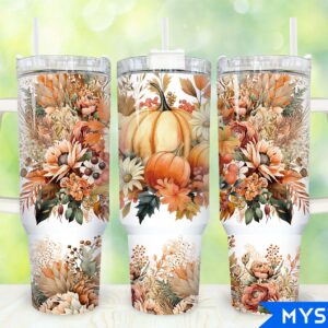 Boho Floral Pumpkin Custom Stanley Quencher 40oz Stainless Steel Tumbler With Handle