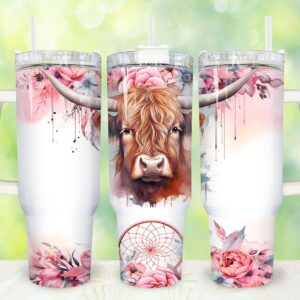 Boho Highland Cow Custom Stanley Quencher 40oz Stainless Steel Tumbler With Handle