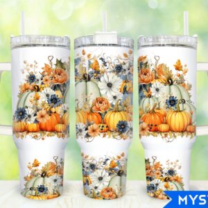 Boho Pumpkins Fall Flowers Custom Stanley Quencher 40oz Stainless Steel Tumbler With Handle