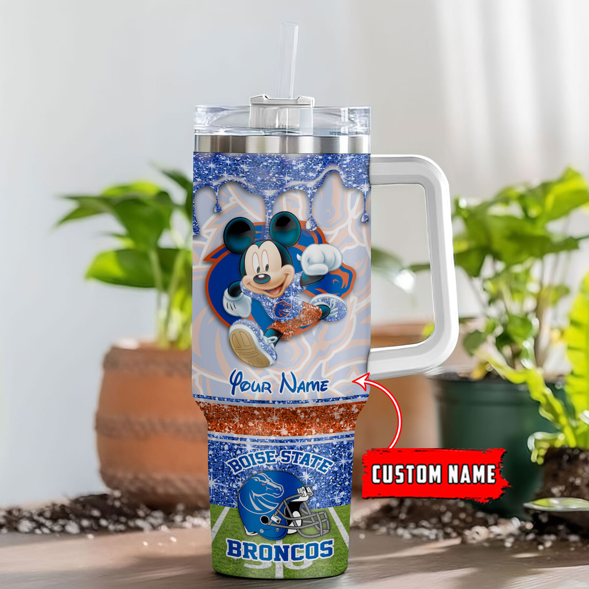Boise State Broncos NCAA Mickey Mouse Glitter Custom Stanley Quencher 40oz Stainless Steel Tumbler With Handle