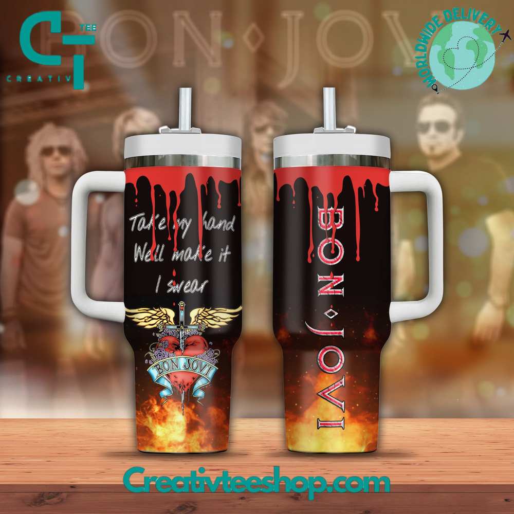 Bon Jovi Music Custom Stanley Quencher 40oz Stainless Steel Tumbler With Handle
