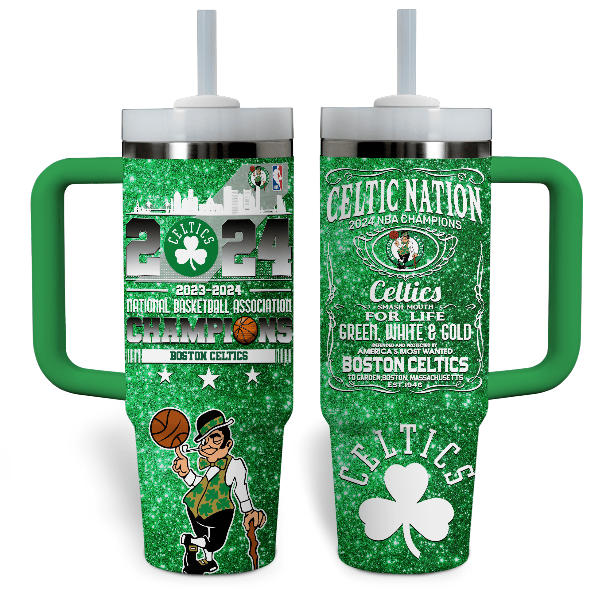 Boston Celtics NBA Custom Stanley Quencher 40oz Stainless Steel Tumbler With Handle