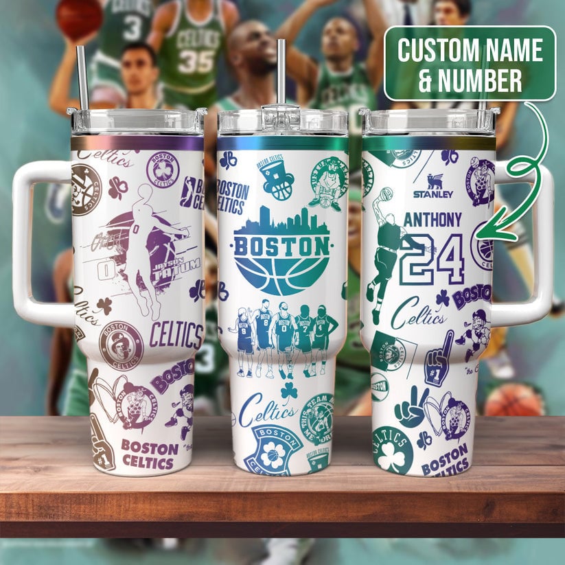 Boston Celtics NBA Custom Stanley Quencher 40oz Stainless Steel Tumbler With Handle