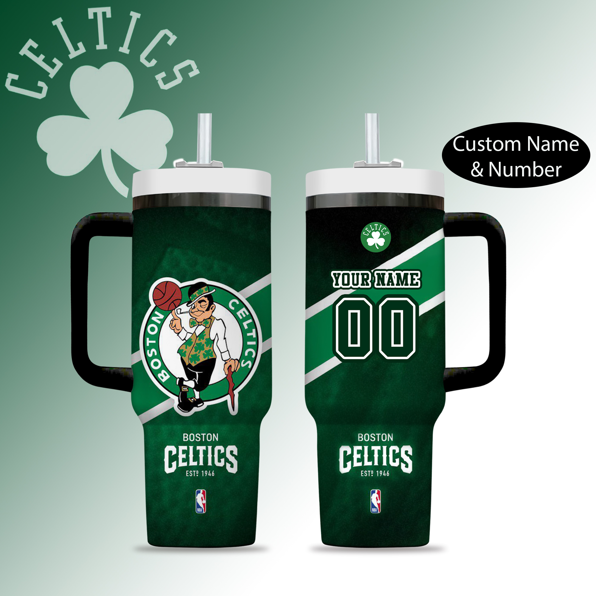 Boston Celtics NBA Custom Stanley Quencher 40oz Stainless Steel Tumbler With Handle