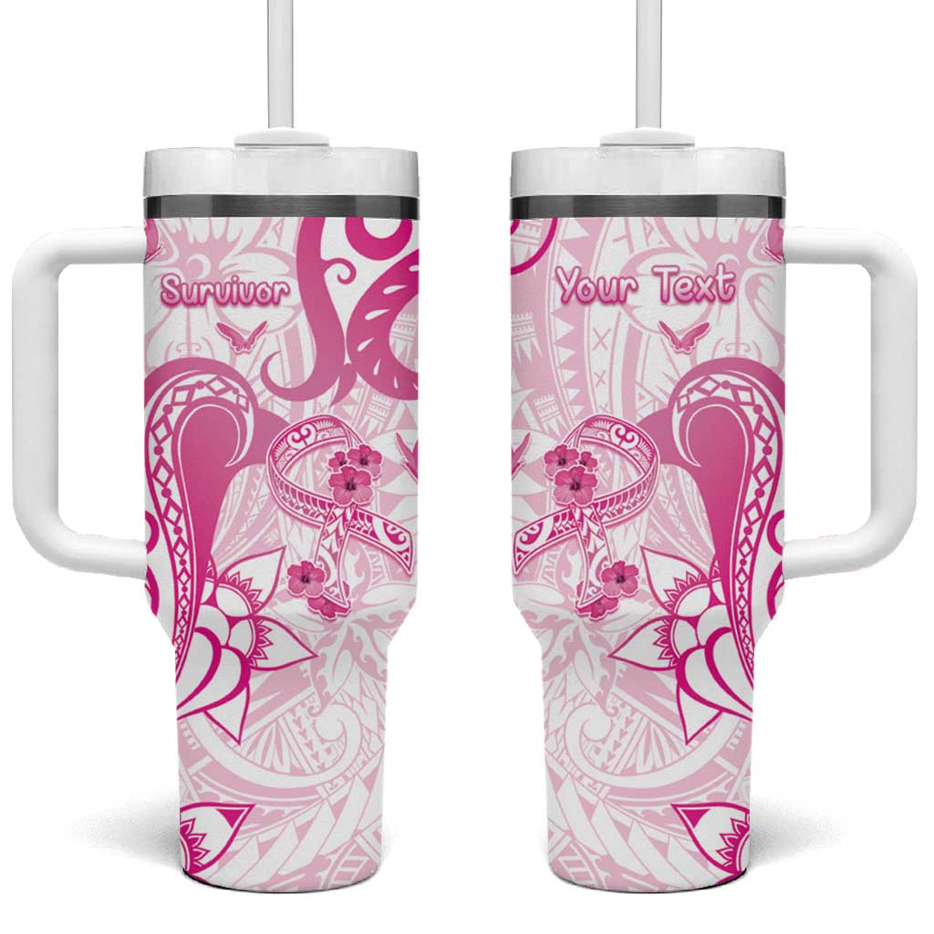 Breast Cancer Awareness Ribbon Polynesian White Custom Stanley Quencher 40oz Stainless Steel Tumbler With Handle