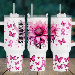 Breast Cancer Survivor Custom Stanley Quencher 40oz Stainless Steel Tumbler With Handle