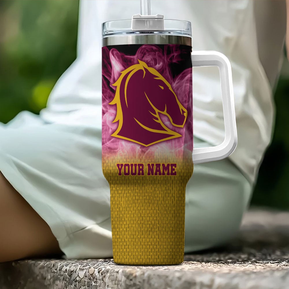 Brisbane Broncos NRL Flame Effect Custom Stanley Quencher 40oz Stainless Steel Tumbler With Handle