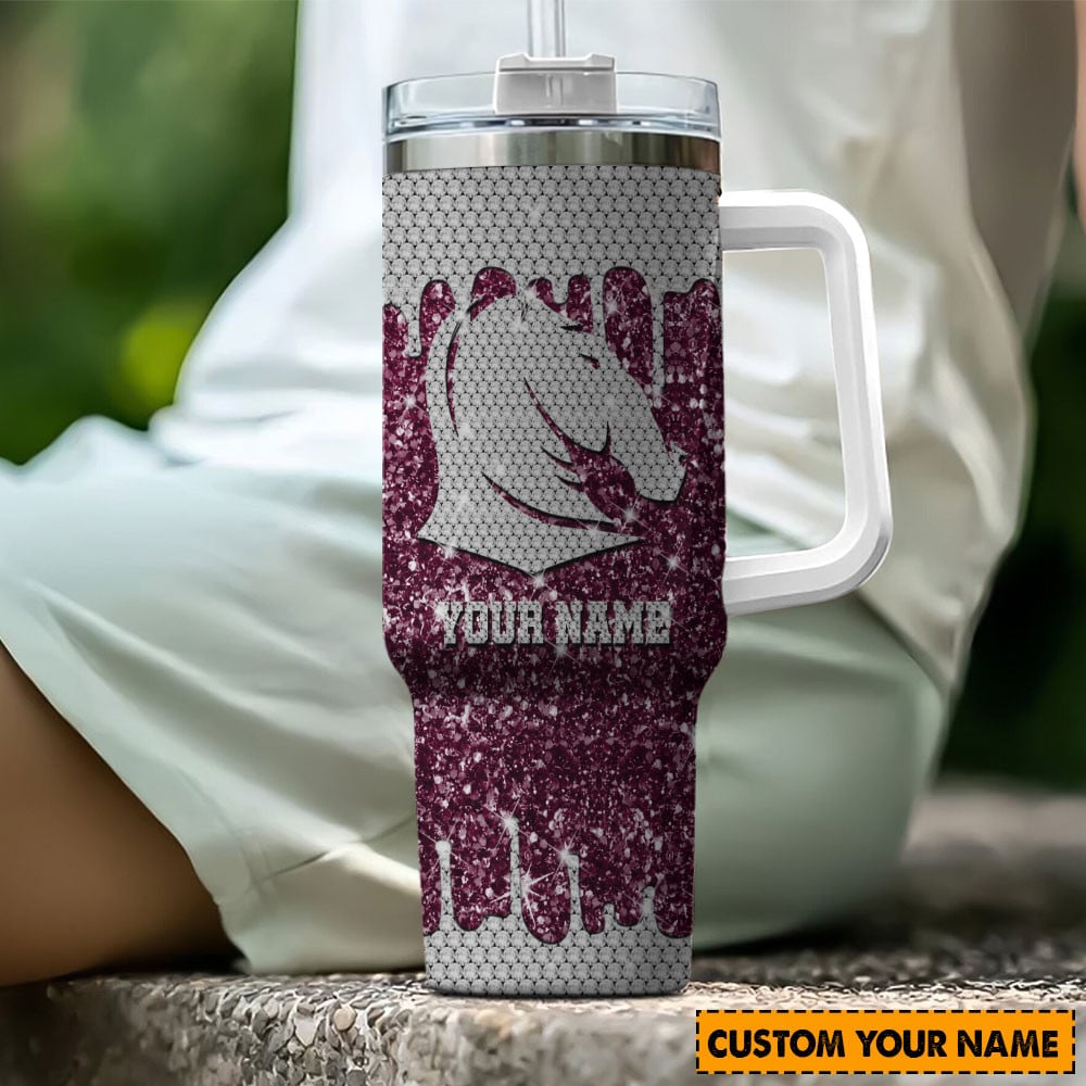 Brisbane Broncos NRL Glitter Custom Stanley Quencher 40oz Stainless Steel Tumbler With Handle