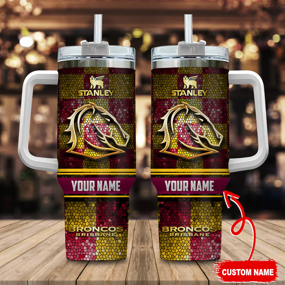 Brisbane Broncos NRL Golden Logo Stained Glass Effect Custom Stanley Quencher 40oz Stainless Steel Tumbler With Handle