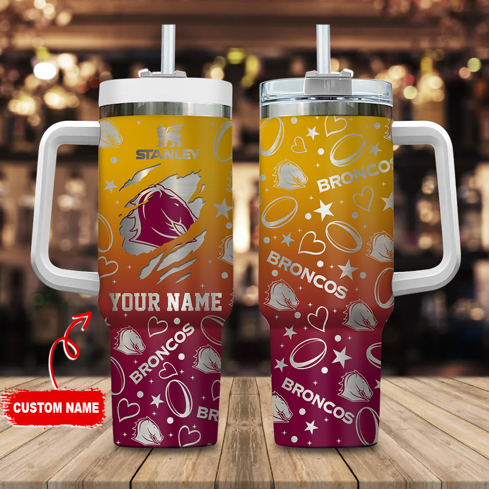 Brisbane Broncos NRL Silver Logo Custom Stanley Quencher 40oz Stainless Steel Tumbler With Handle