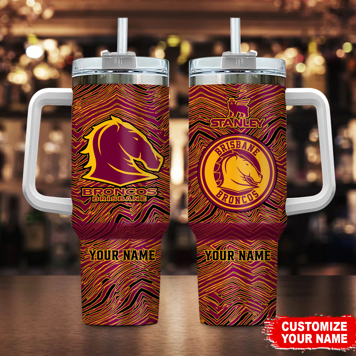 Brisbane Broncos NRL Zubaz Print Custom Stanley Quencher 40oz Stainless Steel Tumbler With Handle