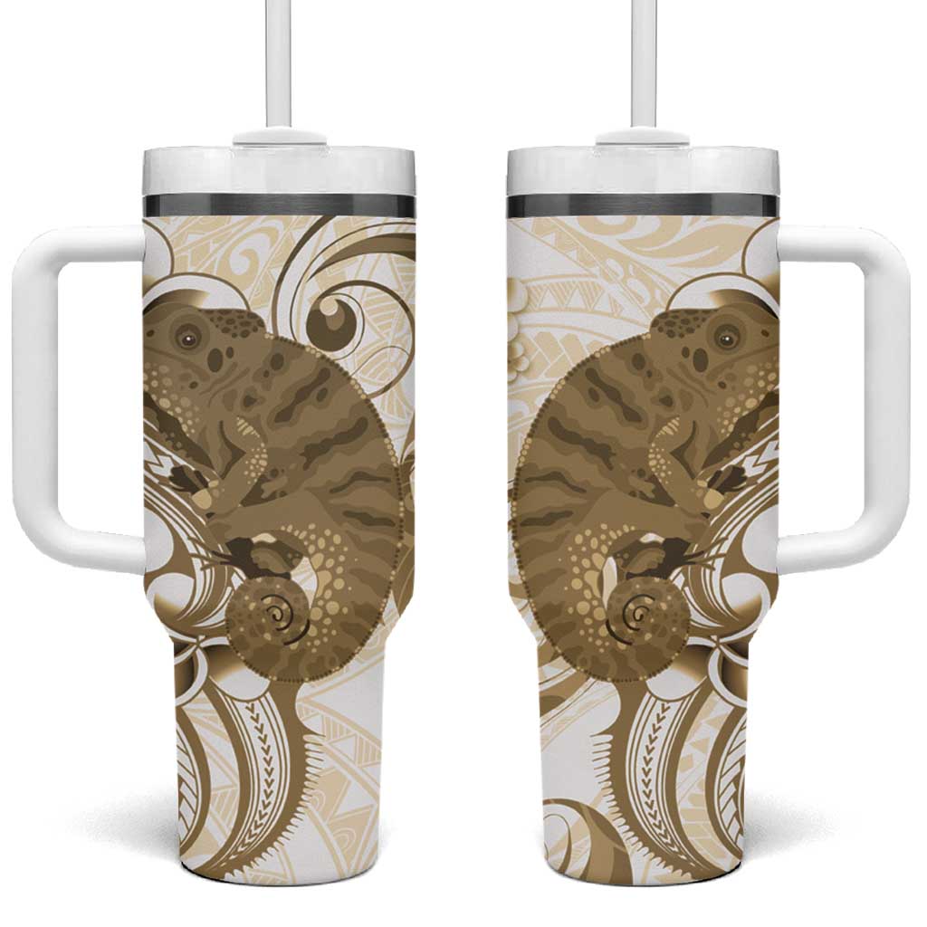 Brown And White Hawaii Chameleon Plumeria Polynesian Tribal Art Custom Stanley Quencher 40oz Stainless Steel Tumbler With Handle