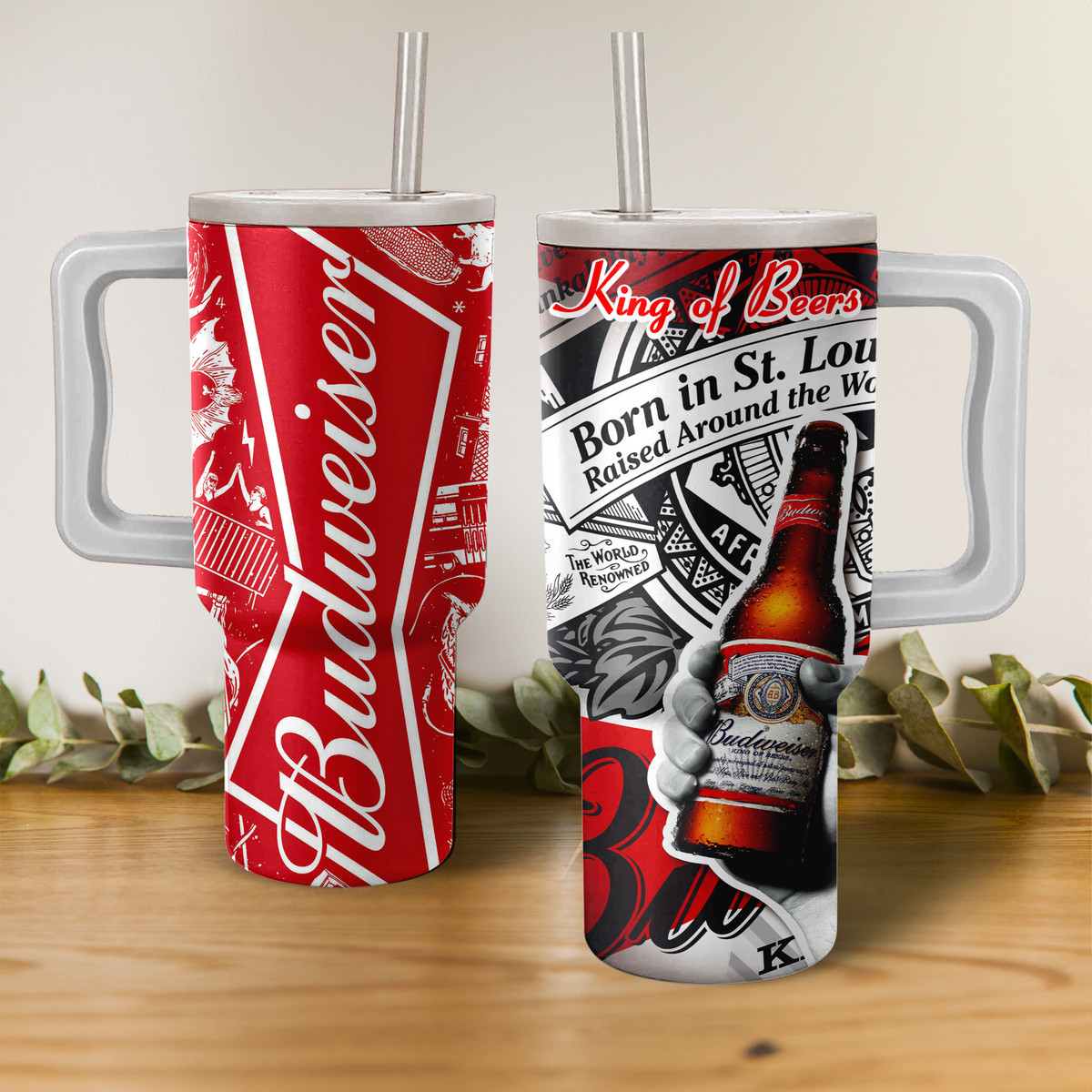 Budweiser King of Beers Custom Stanley Quencher 40oz Stainless Steel Tumbler With Handle