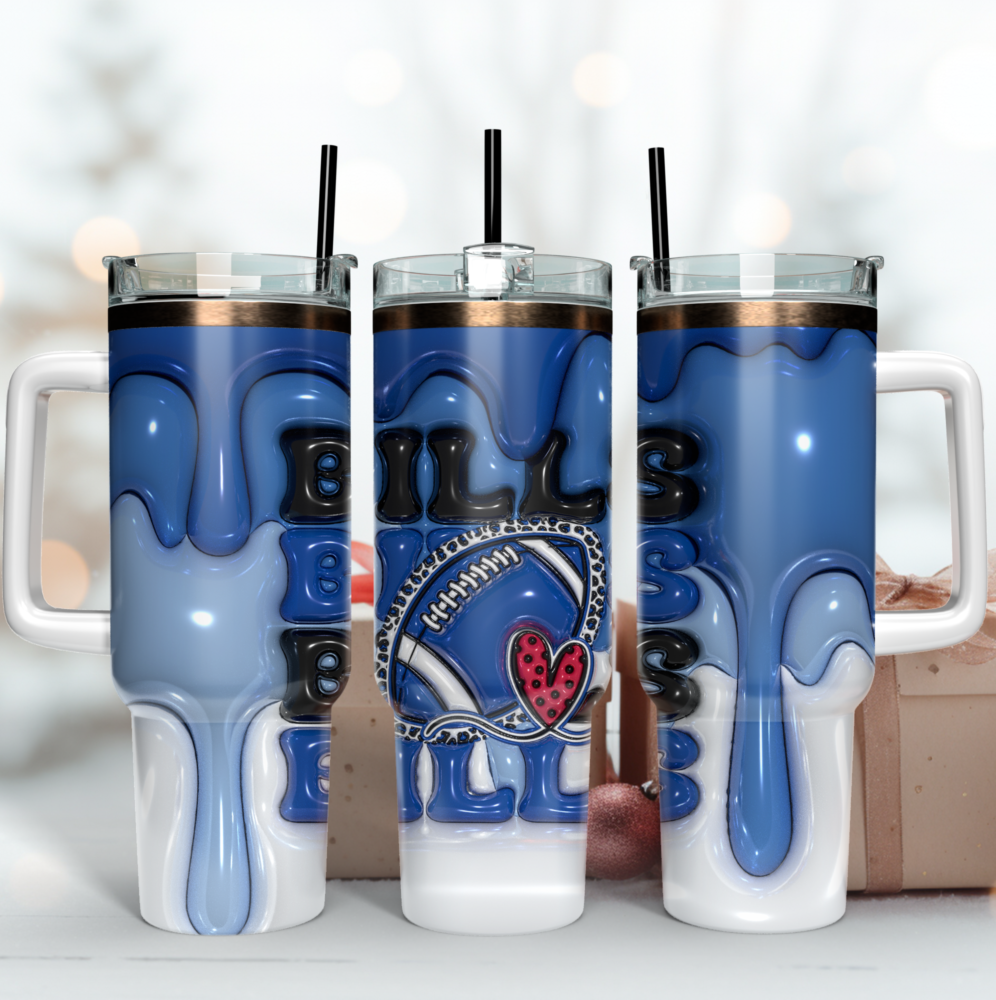 Buffalo Bills NFL 3D Inflated Puff Effect Custom Stanley Quencher 40oz Stainless Steel Tumbler With Handle