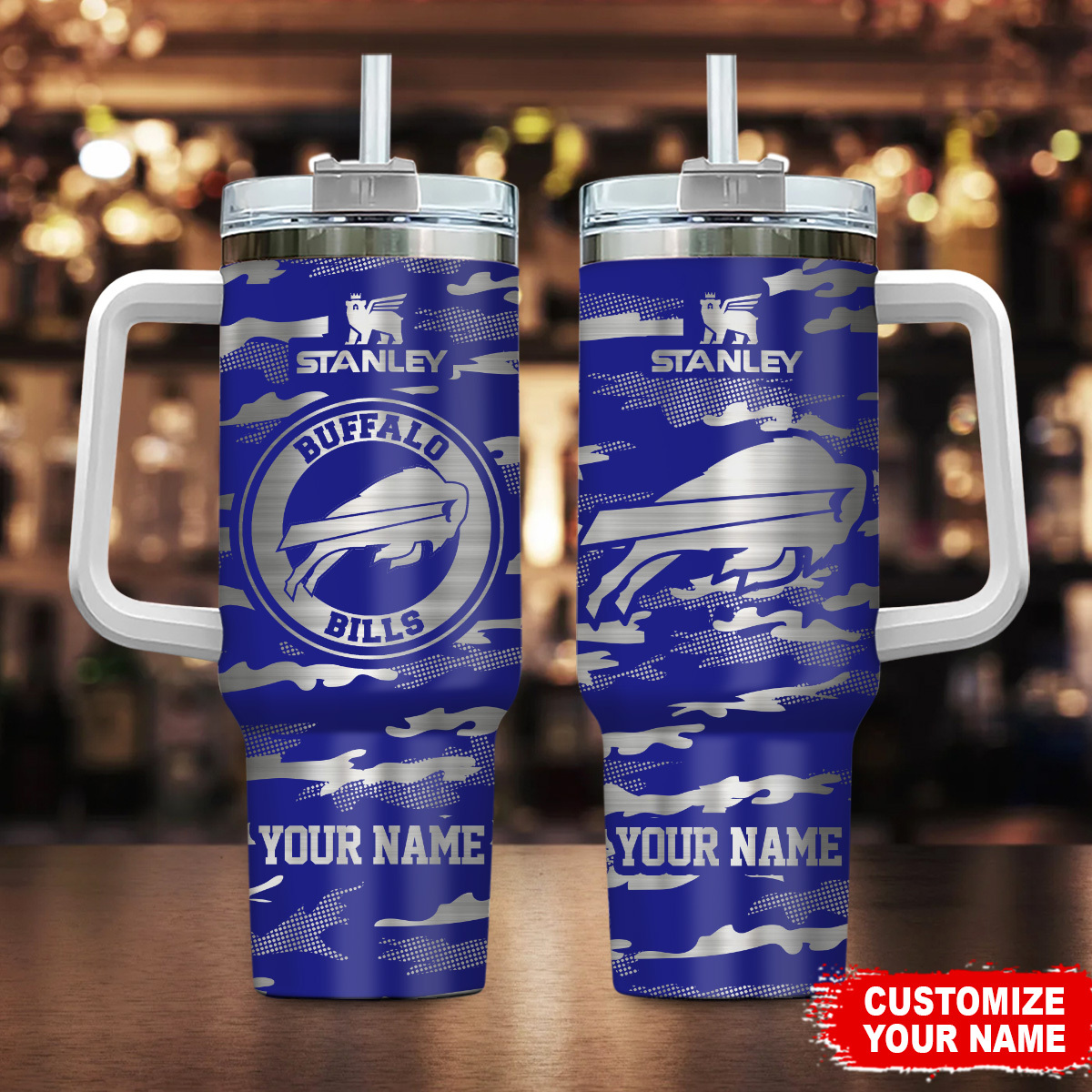 Buffalo Bills NFL Camo Pattern Custom Stanley Quencher 40oz Stainless Steel Tumbler With Handle