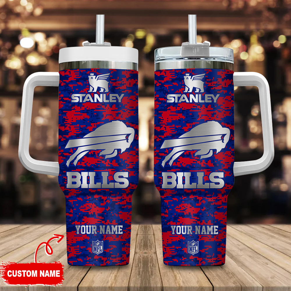 Buffalo Bills NFL Camouflage Silver Logo Custom Stanley Quencher 40oz Stainless Steel Tumbler With Handle