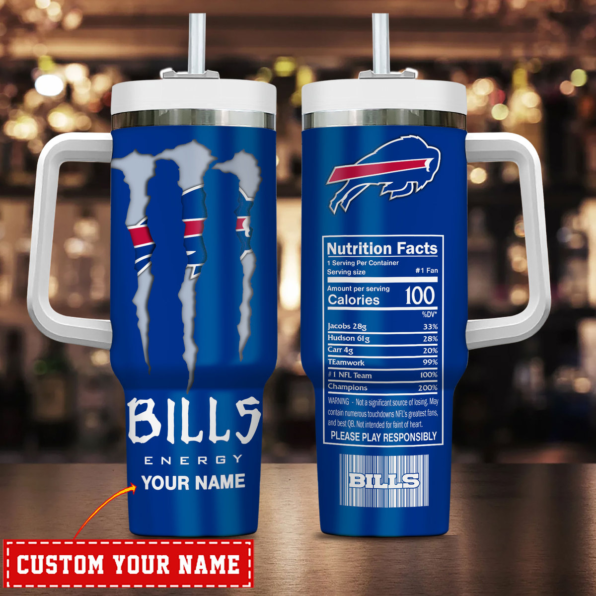 Buffalo Bills NFL Energy Nutrition Facts Custom Stanley Quencher 40oz Stainless Steel Tumbler With Handle