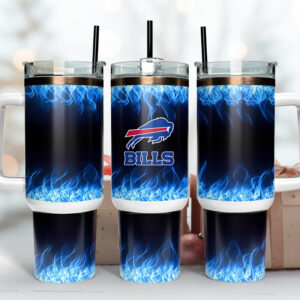 Buffalo Bills NFL Fire Effect Custom Stanley Quencher 40oz Stainless Steel Tumbler With Handle