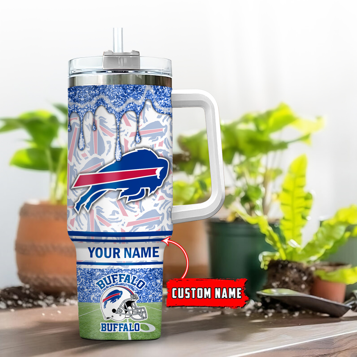 Buffalo Bills NFL Glitter Custom Stanley Quencher 40oz Stainless Steel Tumbler With Handle