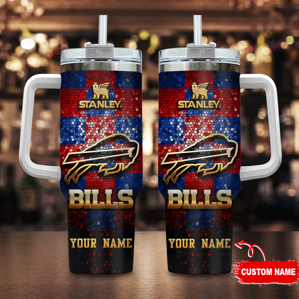Buffalo Bills NFL Glitter Golden Logo Custom Stanley Quencher 40oz Stainless Steel Tumbler With Handle