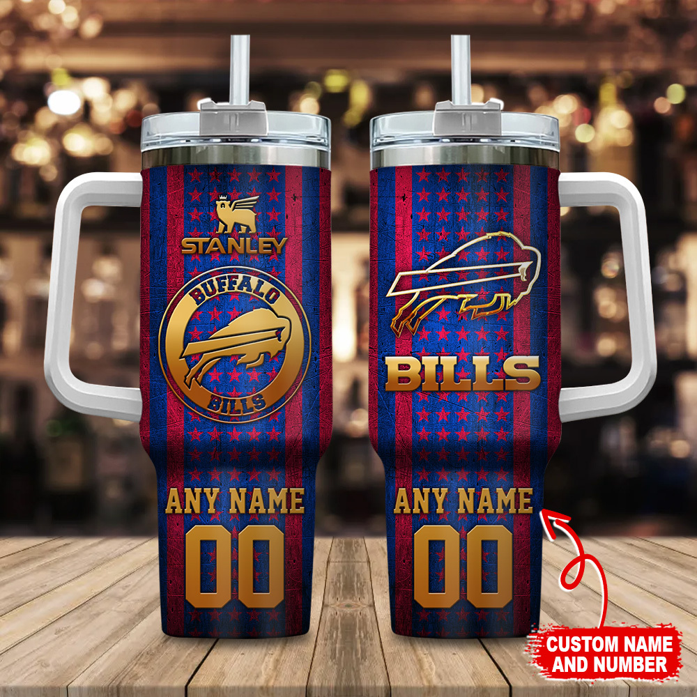 Buffalo Bills NFL Golden Logos US Flag Custom Stanley Quencher 40oz Stainless Steel Tumbler With Handle