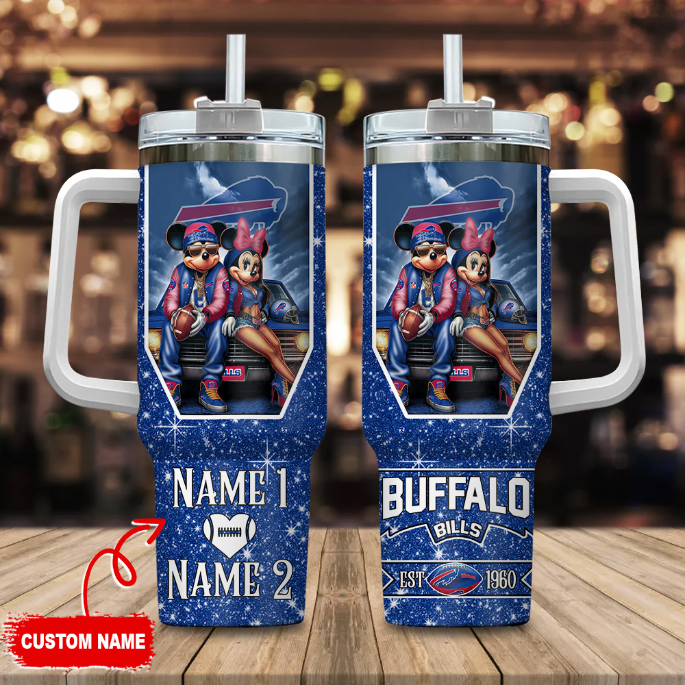 Buffalo Bills NFL Mickey And Minnie Couple Custom Stanley Quencher 40oz Stainless Steel Tumbler With Handle
